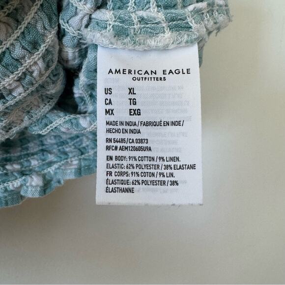 American Eagle Turquoise Gingham Cotton Linen Smocked Cami Cropped Top XL - Picture 9 of 9